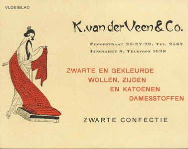710025 Vloeiblad van K. van der Veen & Co., Zwarte Confectie, Choorstraat 25-29 en Lijnmarkt 8 te Utrecht. Met een ...